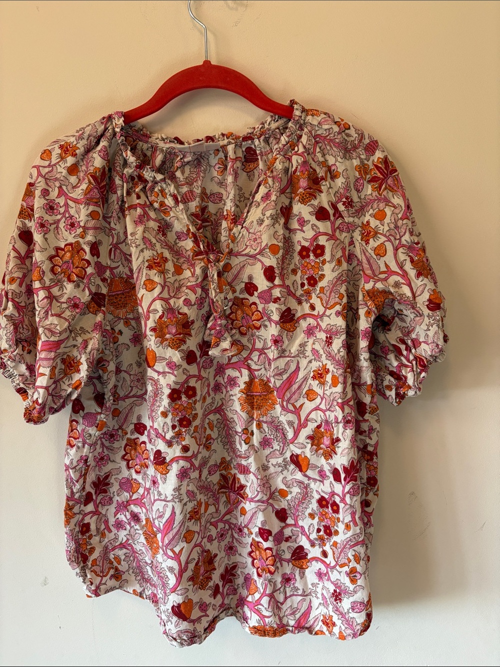 Knox Rose Pink & Orange Floral Puff-Sleeve Peasant Top